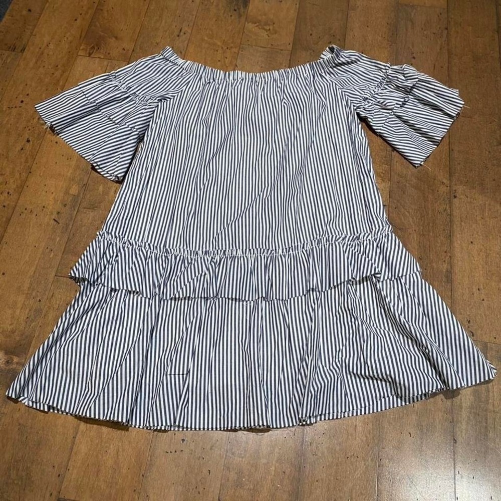 white and navy striped off the shoulder blouse with ruffles